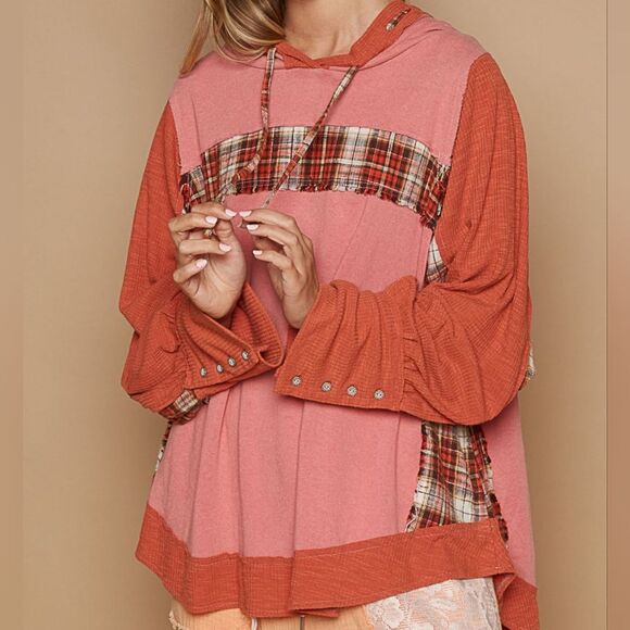 POL USA Oversized Drawstring Long Sleeve Hoodie Plaid Detail Button Sleeve sz La - Picture 2 of 7